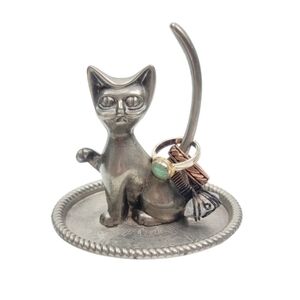Vintage Silver Cat Ring Holder Jewelry Antique Home Decor Display Vanity Women